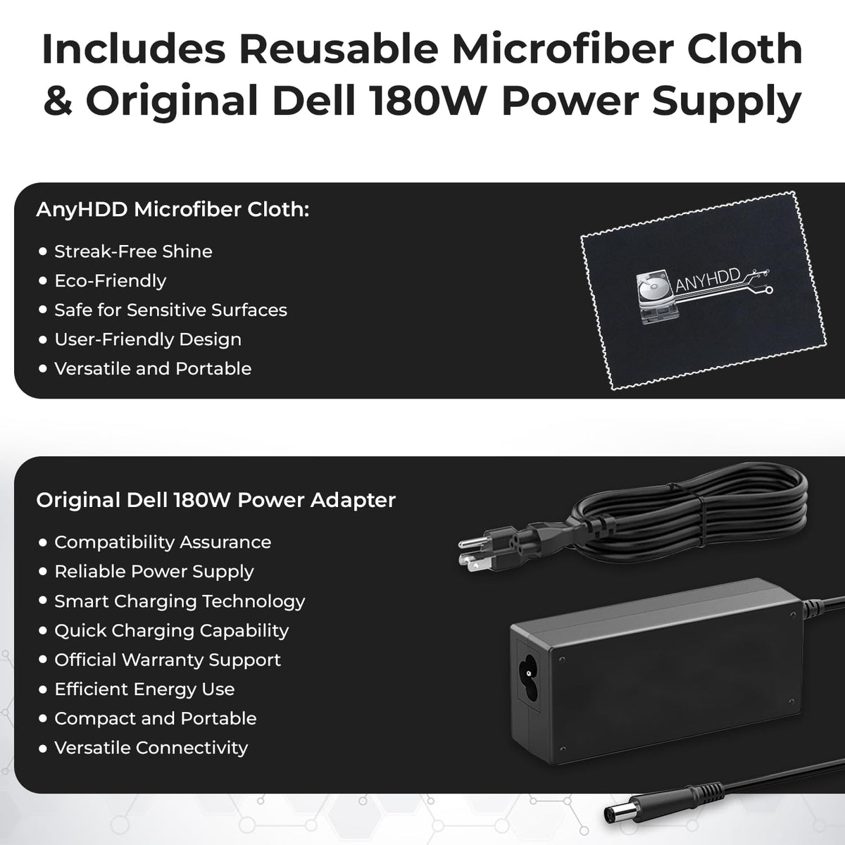 ANYHDD Dell WD19TB power adapter emphasizes reliable universal voltage for regions worldwide.