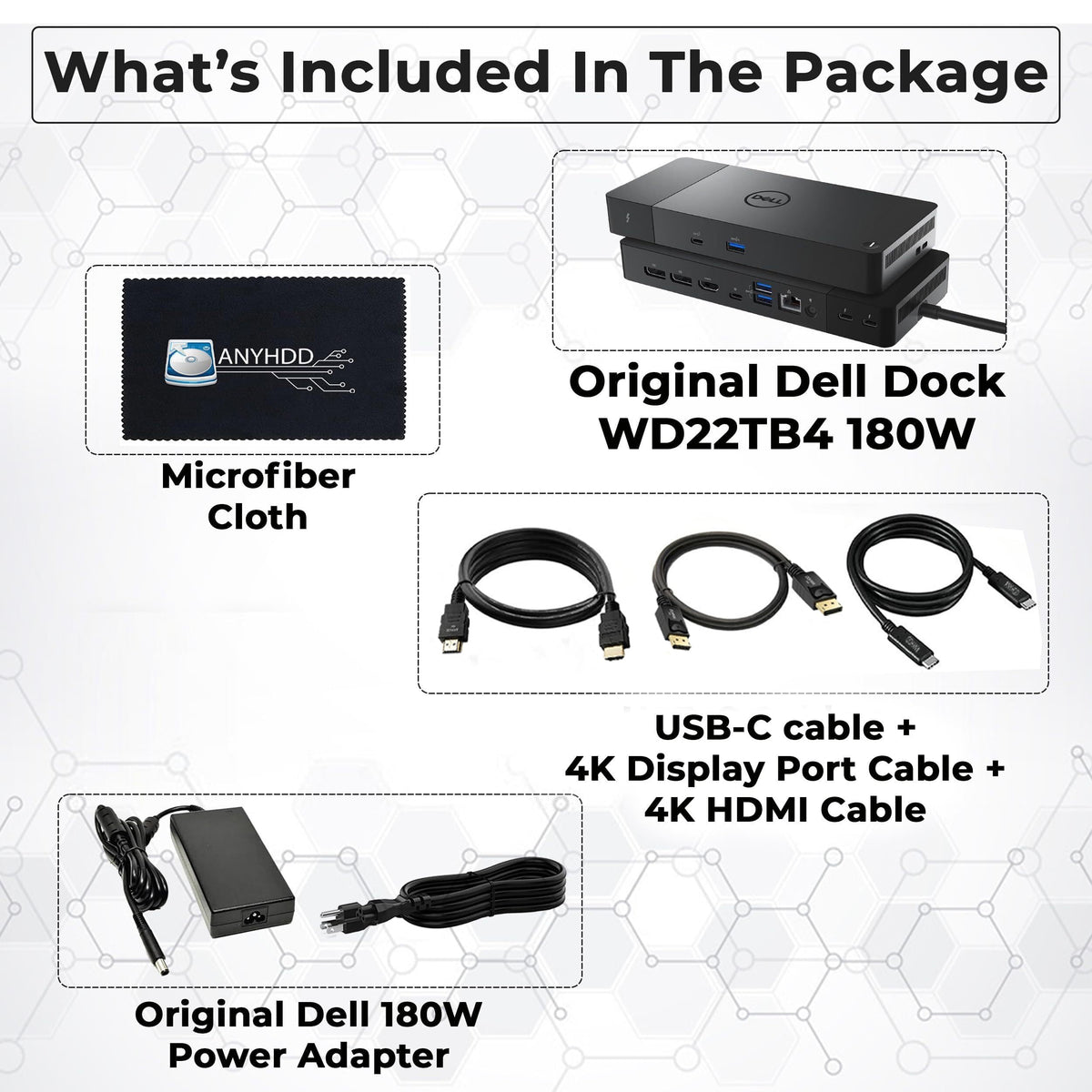 ANYHDD Dell WD22TB4 dock back panel highlighting 4K-ready video outputs