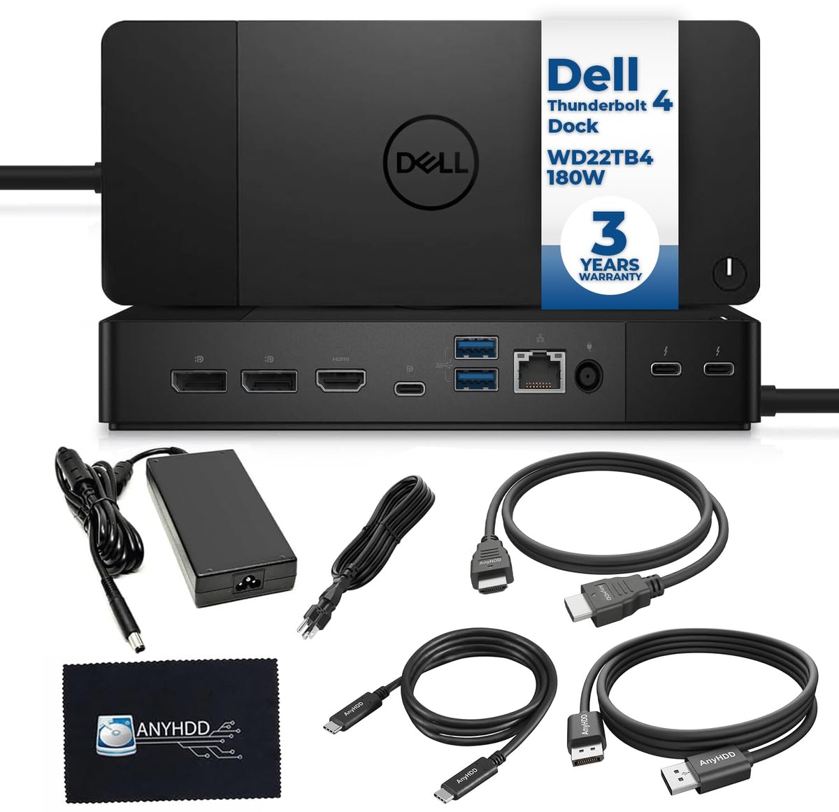 ANYHDD Dell WD22TB4 dock front view showing versatile ports for streamlined connectivity