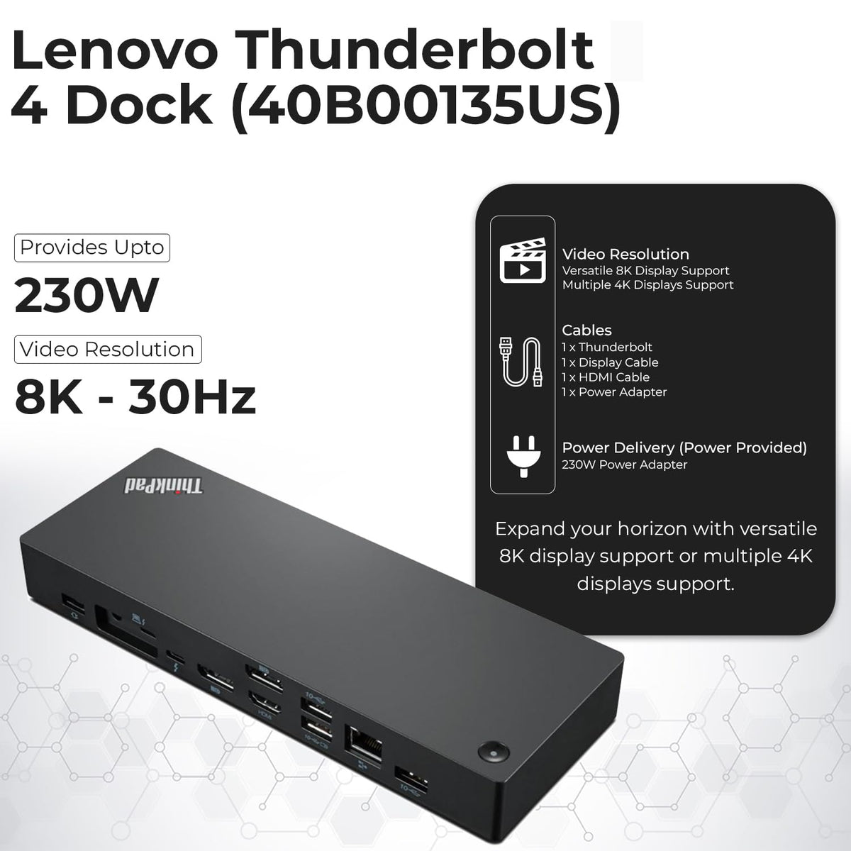 ANYHDD Lenovo dock delivers up to 230W PD to connected devices for reliable power.