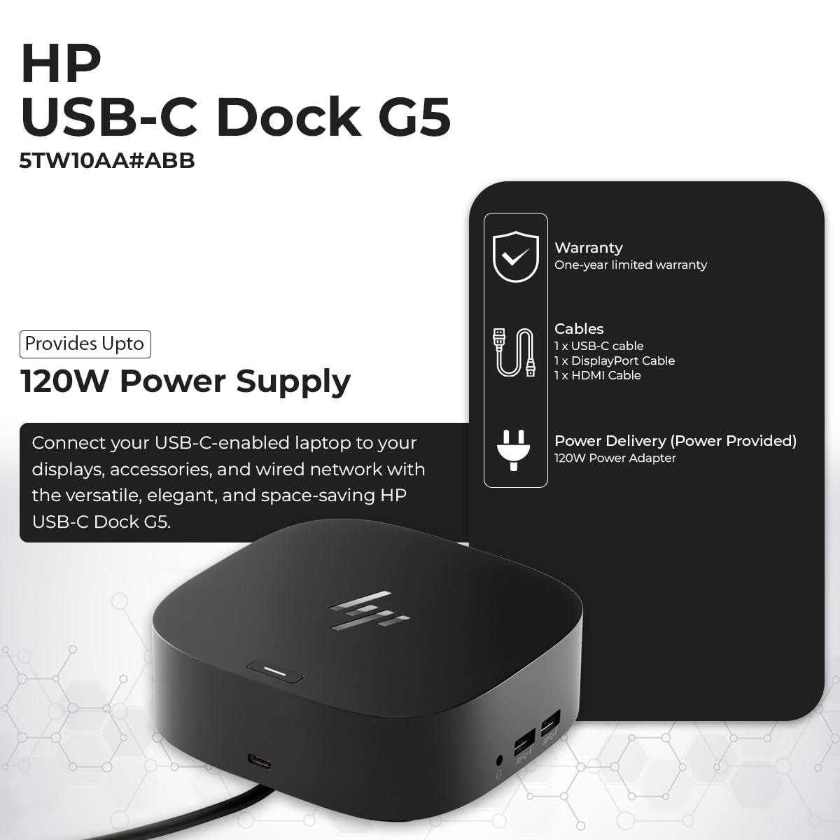 ANYHDD HP dock 120W adapter included for reliable power delivery.