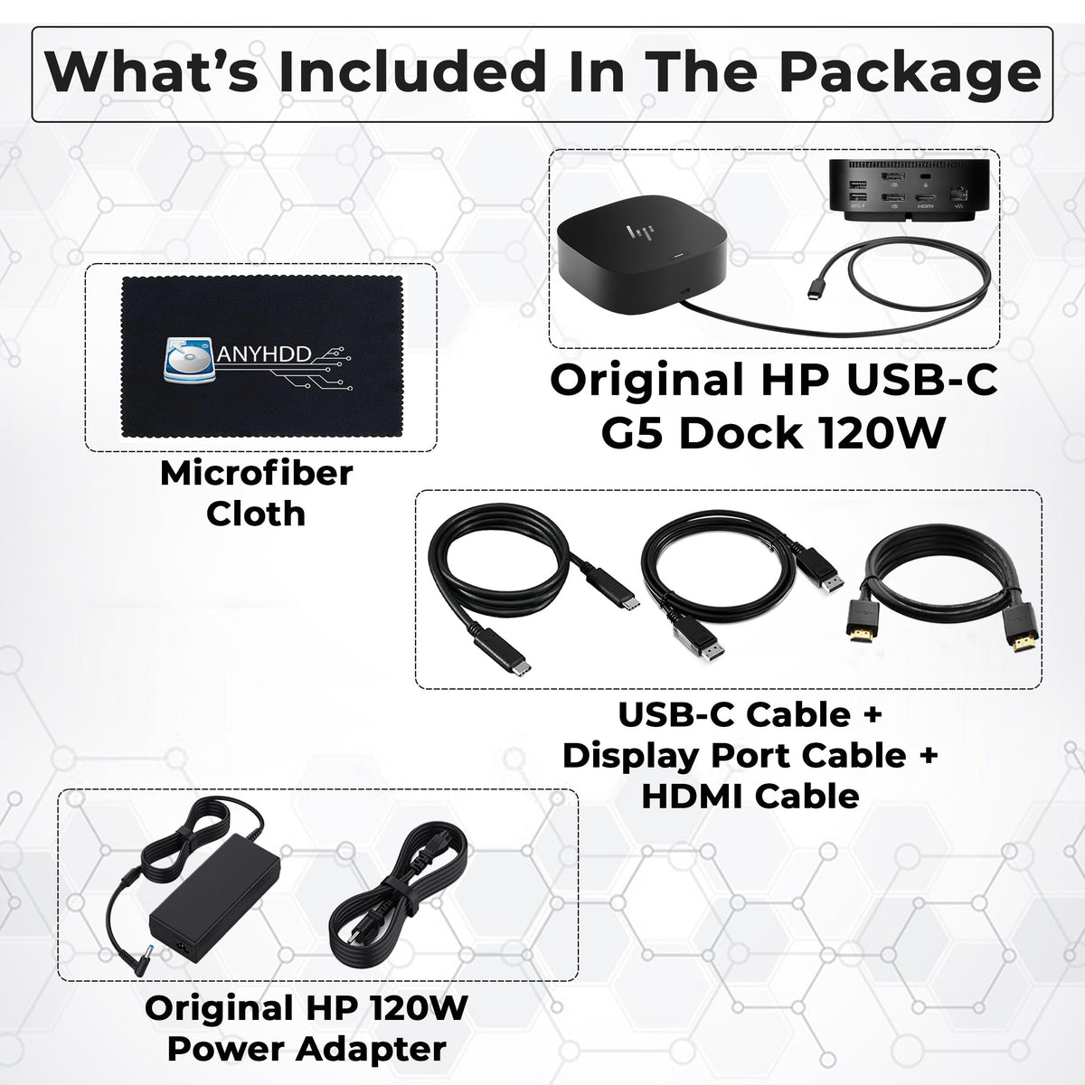ANYHDD HP dock ports close-up highlights USB-C and USB-A access for easy peripherals.