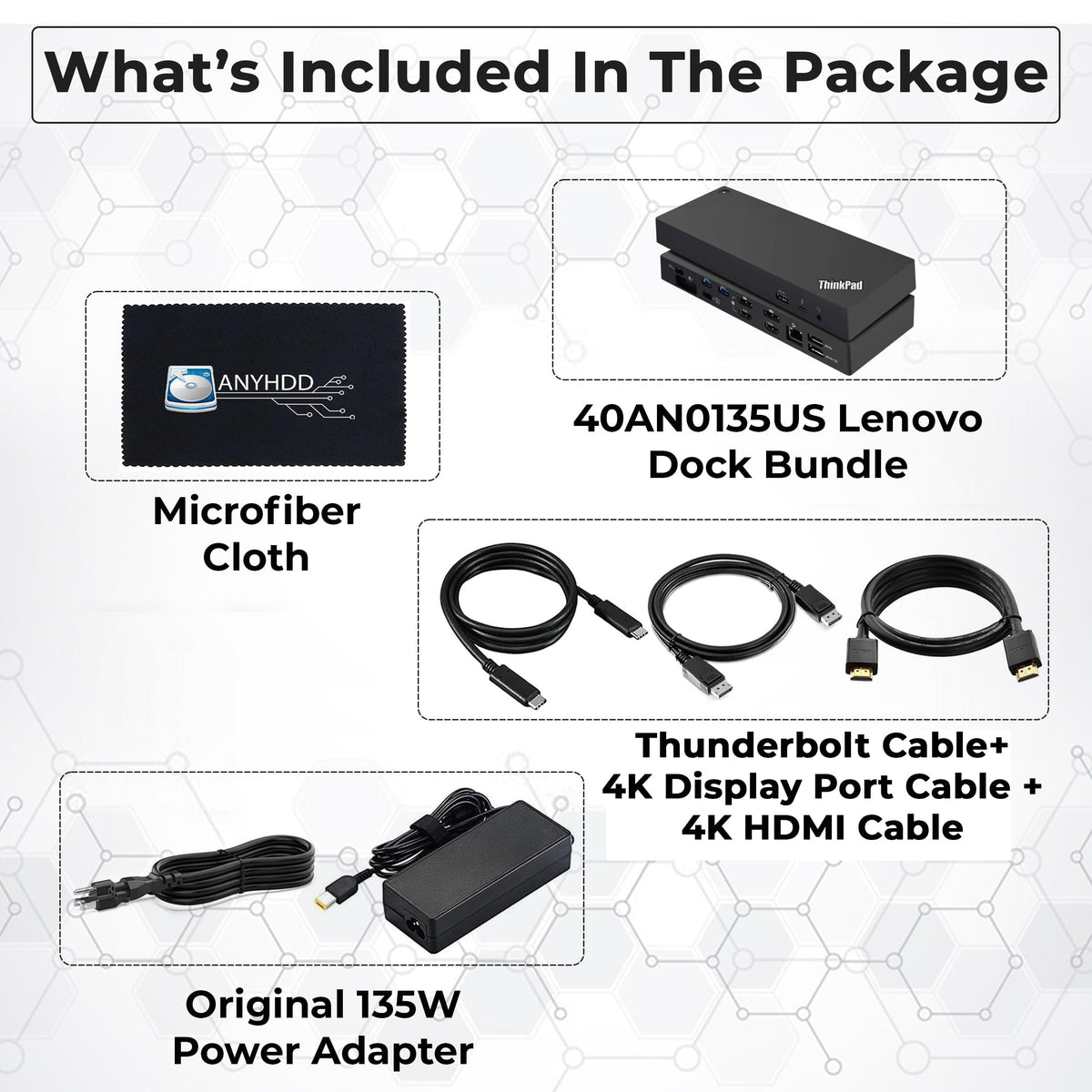 ANYHDD Lenovo dock 135W power adapter ensures reliable all-day charging.