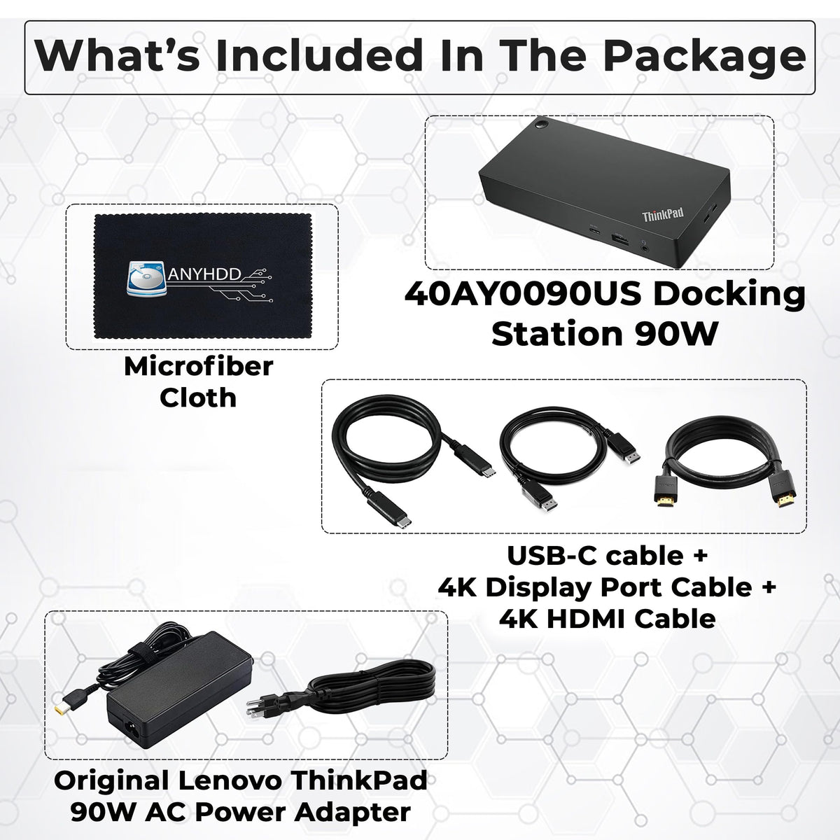 ANYHDD Lenovo ThinkPad Dock USB-C cables included for quick setup.