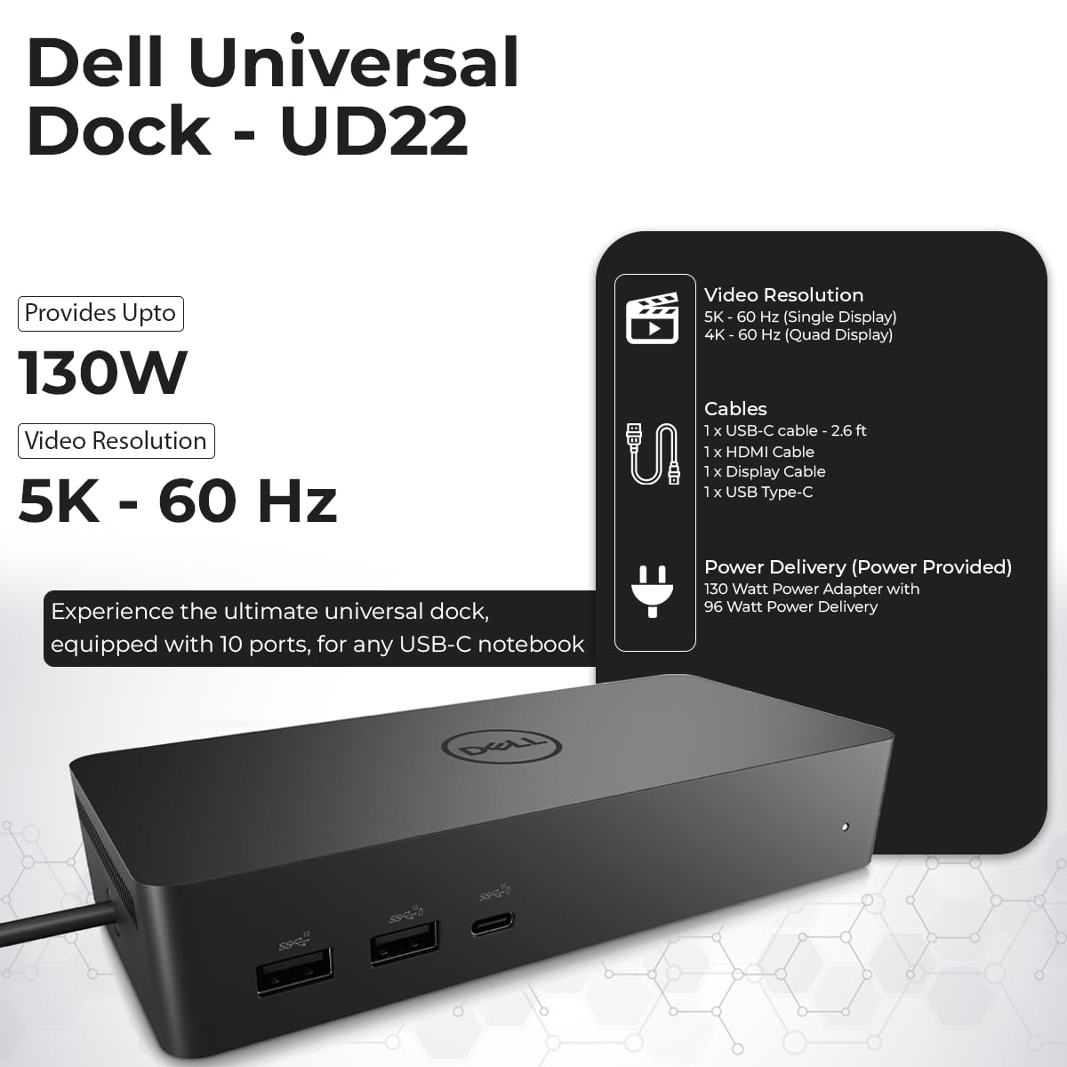 ANYHDD UD22 included cables ready for quick HDMI, DisplayPort, and USB-C setup.