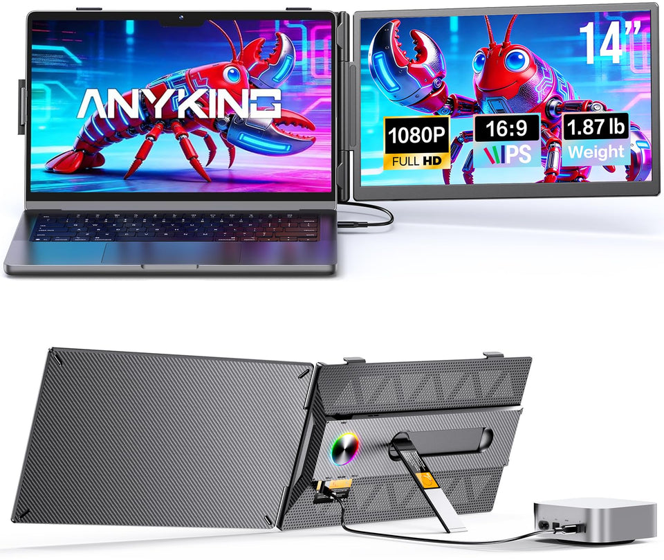 Anyking laptop screen extender with 14-inch FHD display for seamless dual-screen work.