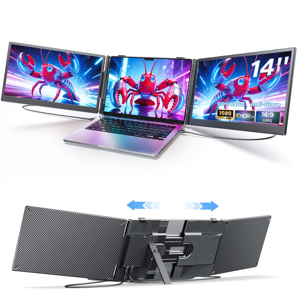 Anyking laptop screen extender front view showing a triple-monitor setup for on-the-go productivity.