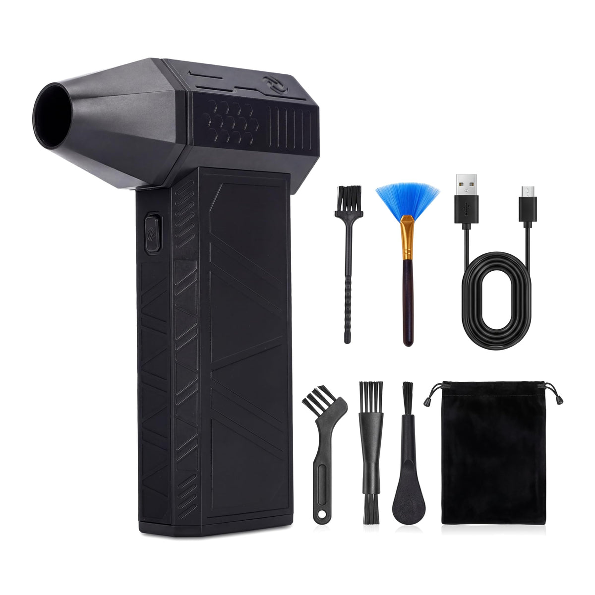 Anymotor Turbo Fan Duster keyboard-cleaning closeup shows precise airflow for electronics