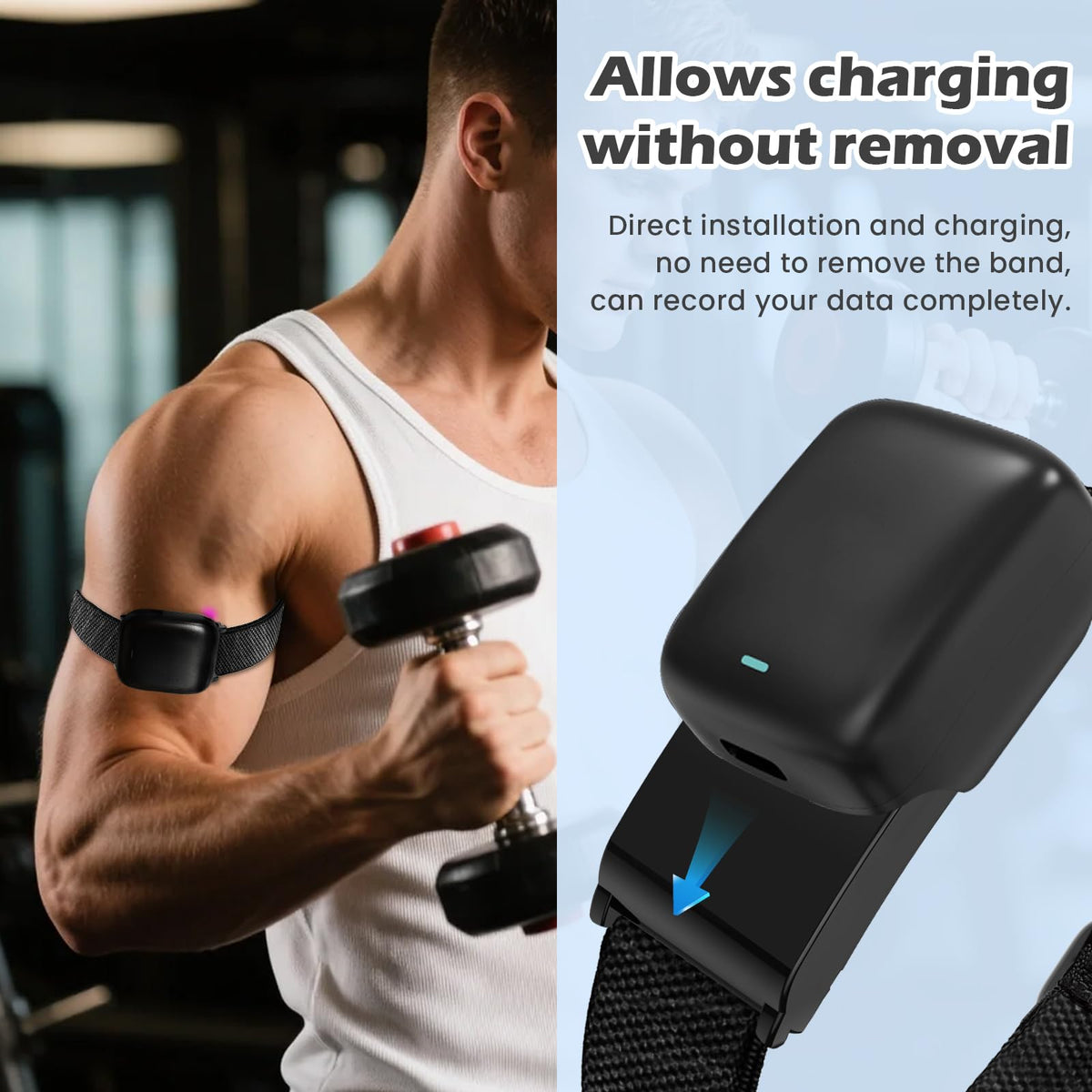 Adjustable Anpzband bicep strap fitting 9.6 to 17.7 inches for a snug hold.
