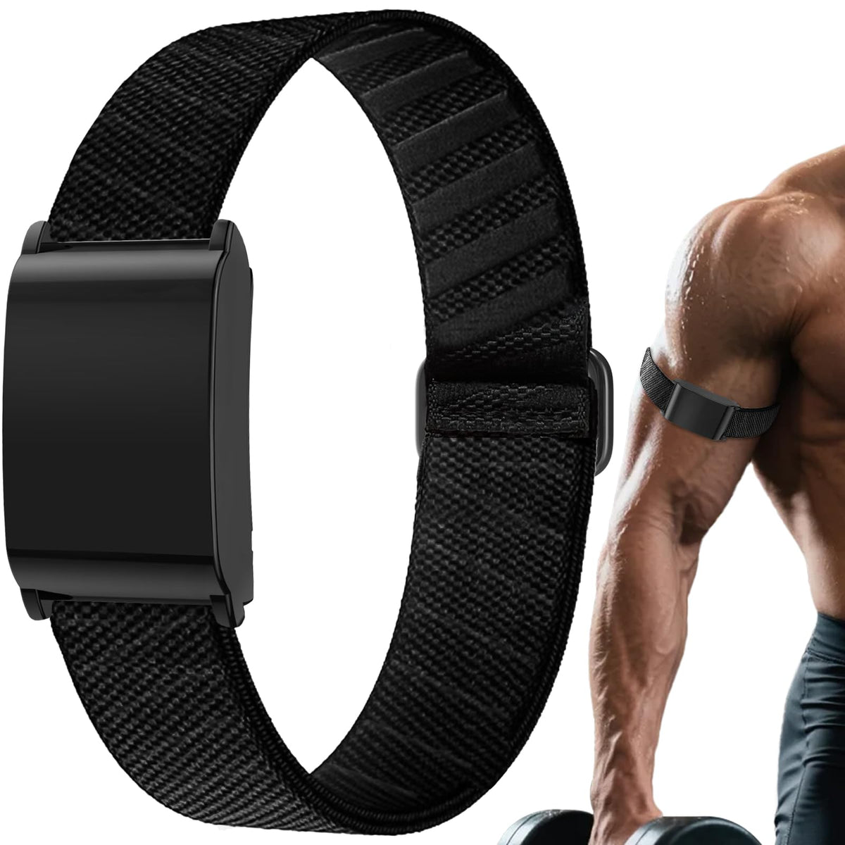 Anpzband bicep band with case secured on arm during activity for reliable wear.