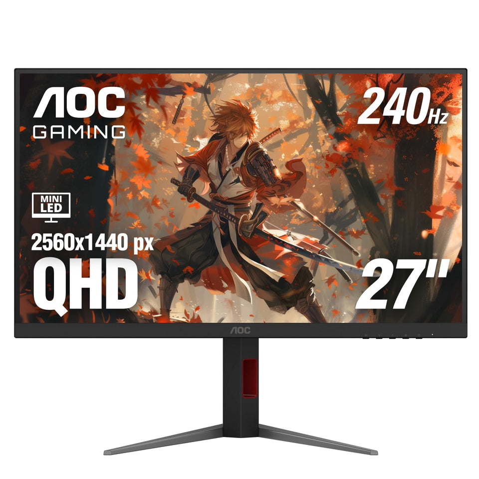 AOC Q27G4ZMN front view showing crisp QHD visuals and mini-LED contrast for immersive gaming sessions