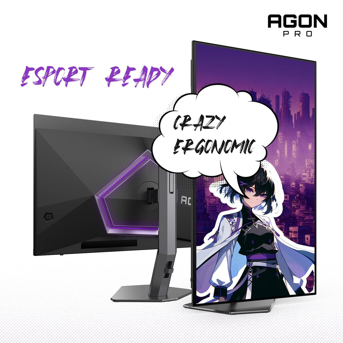 AOC Agon Pro 27QD-OLED stand shows height adjustment for ergonomic comfort.