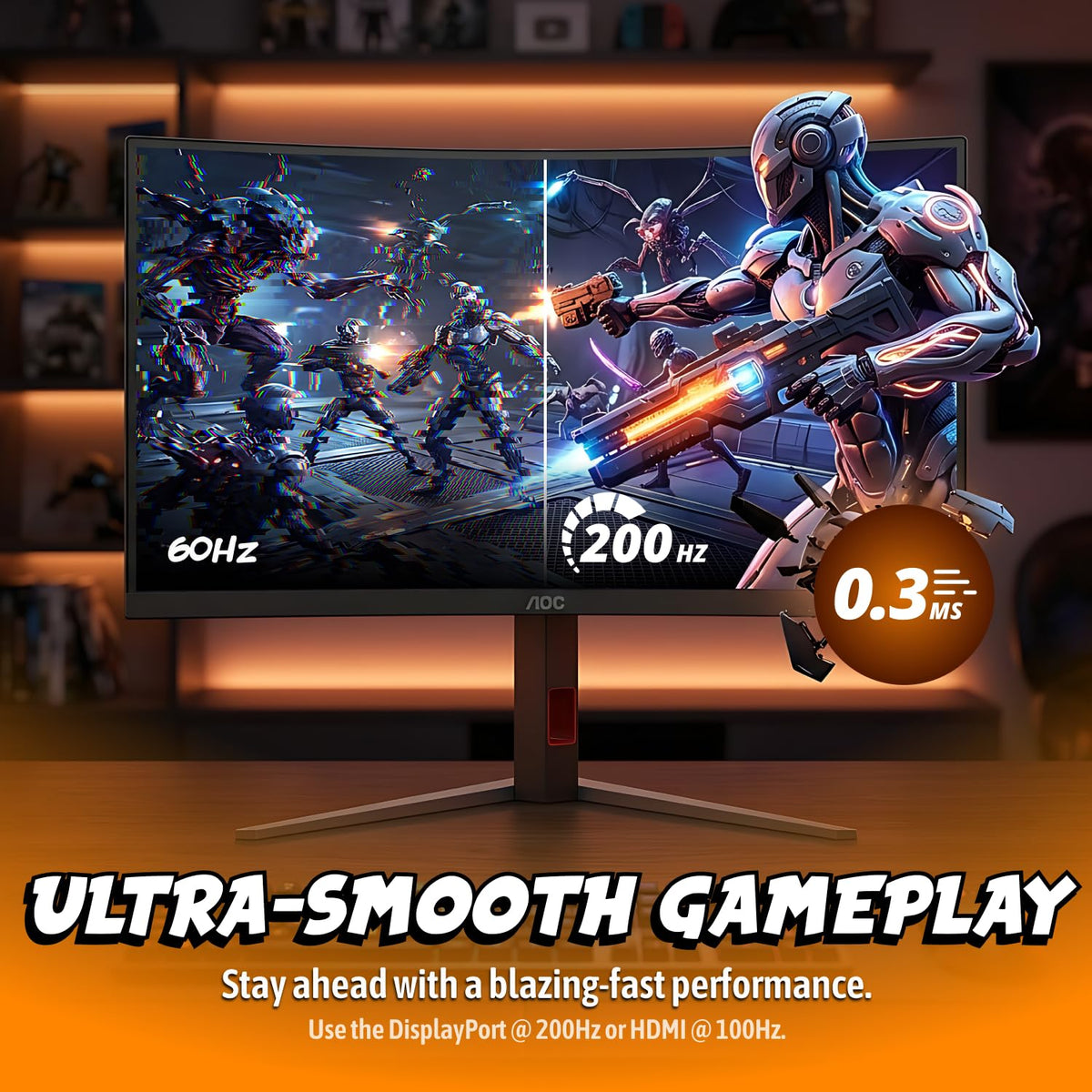 AOC CU34G4H 0.3ms MPRT minimizes motion blur during fast moments.