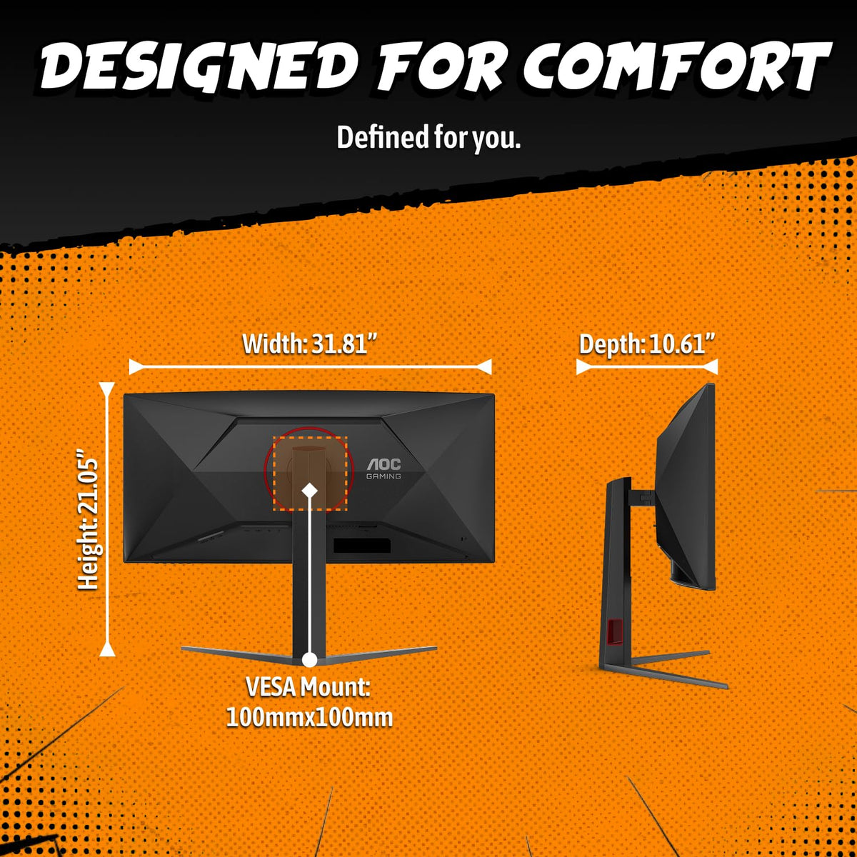 AOC CU34G4Z ergonomic stand with tilt, swivel, and height adjustment.