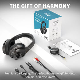 AOC headphones in living room scene, illustrates private late-night viewing
