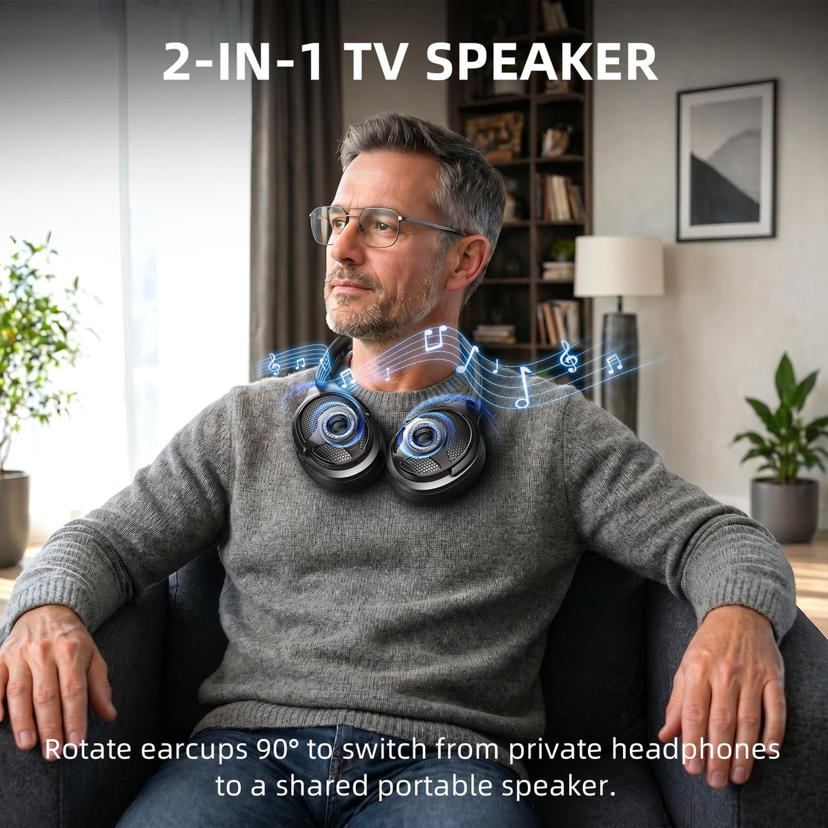 AOC headset in swivel speaker mode sharing audio with room, flexible listening