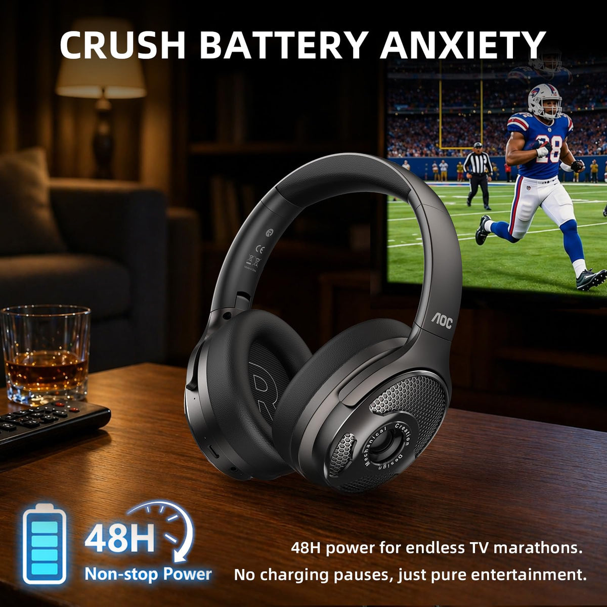 AOC 2.4GHz transmitter and TV ports, ensures zero-lag connection benefit