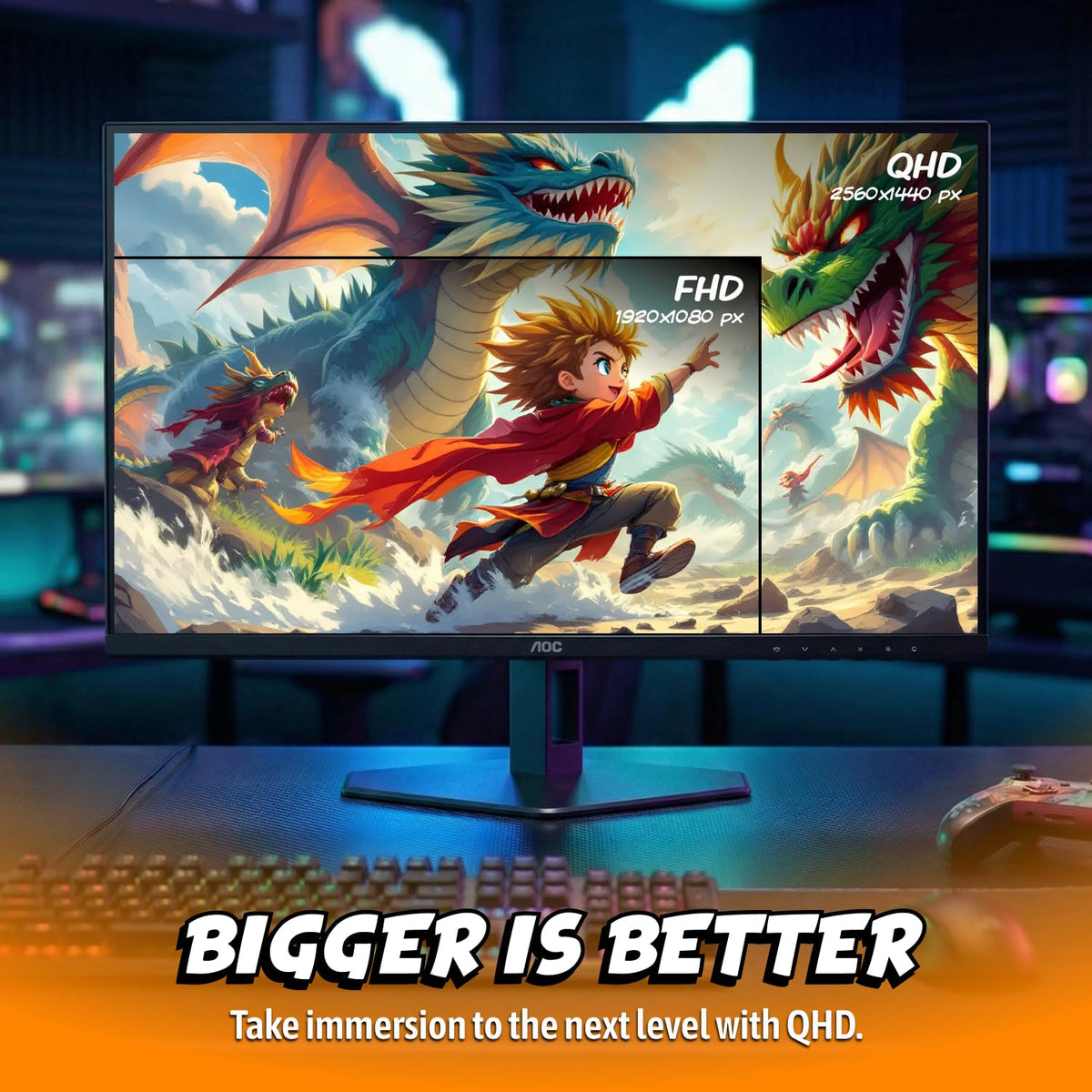 AOC Q27GAZD QD OLED panel close-up with vibrant color rendering