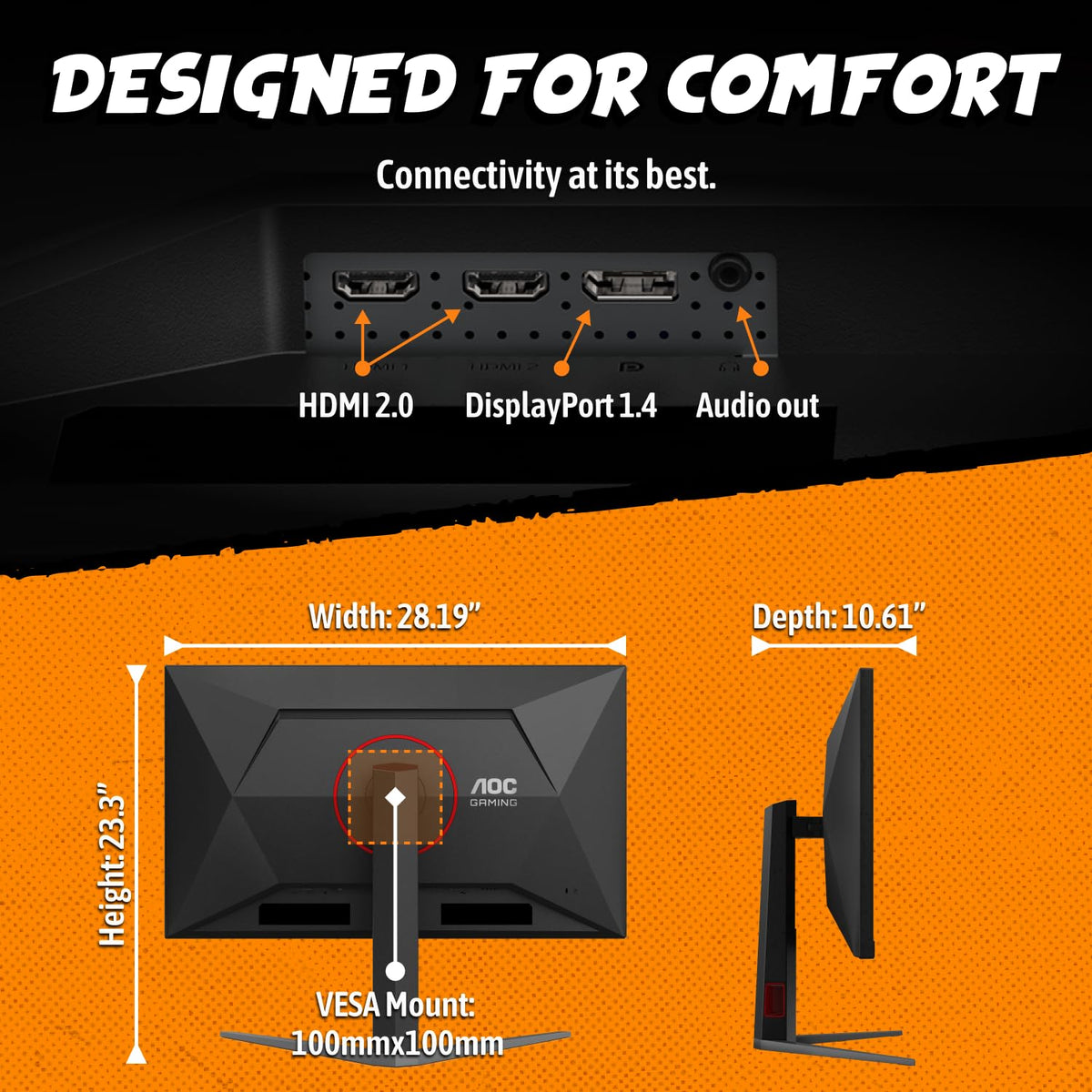 AOC U32G4 ergonomic stand provides height, tilt, swivel, and pivot for comfort.