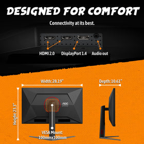 AOC U32G4 ergonomic stand provides height, tilt, swivel, and pivot for comfort.