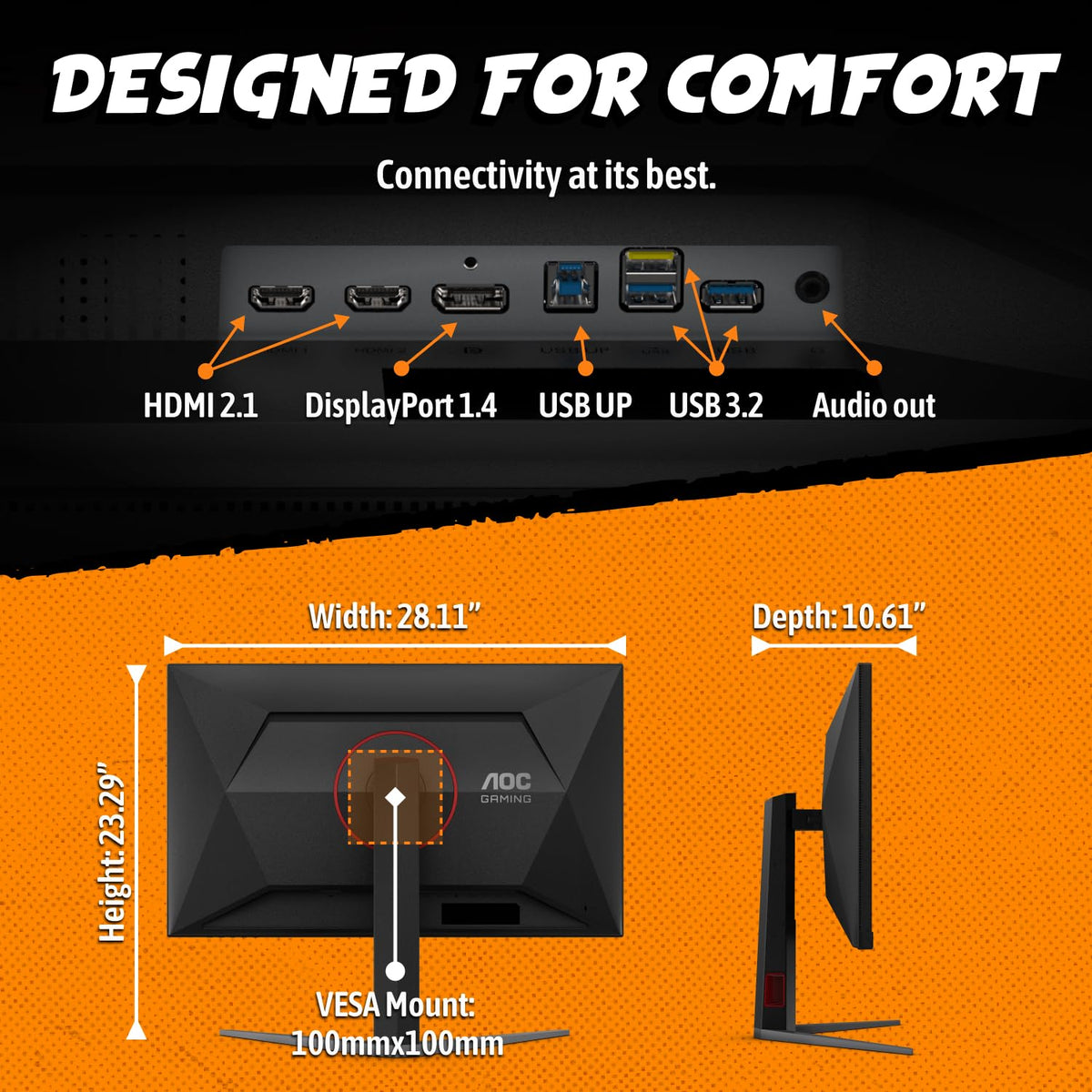 AOC U32G4ZMN Ergonomic stand offers height, tilt, swivel, and pivot for comfort