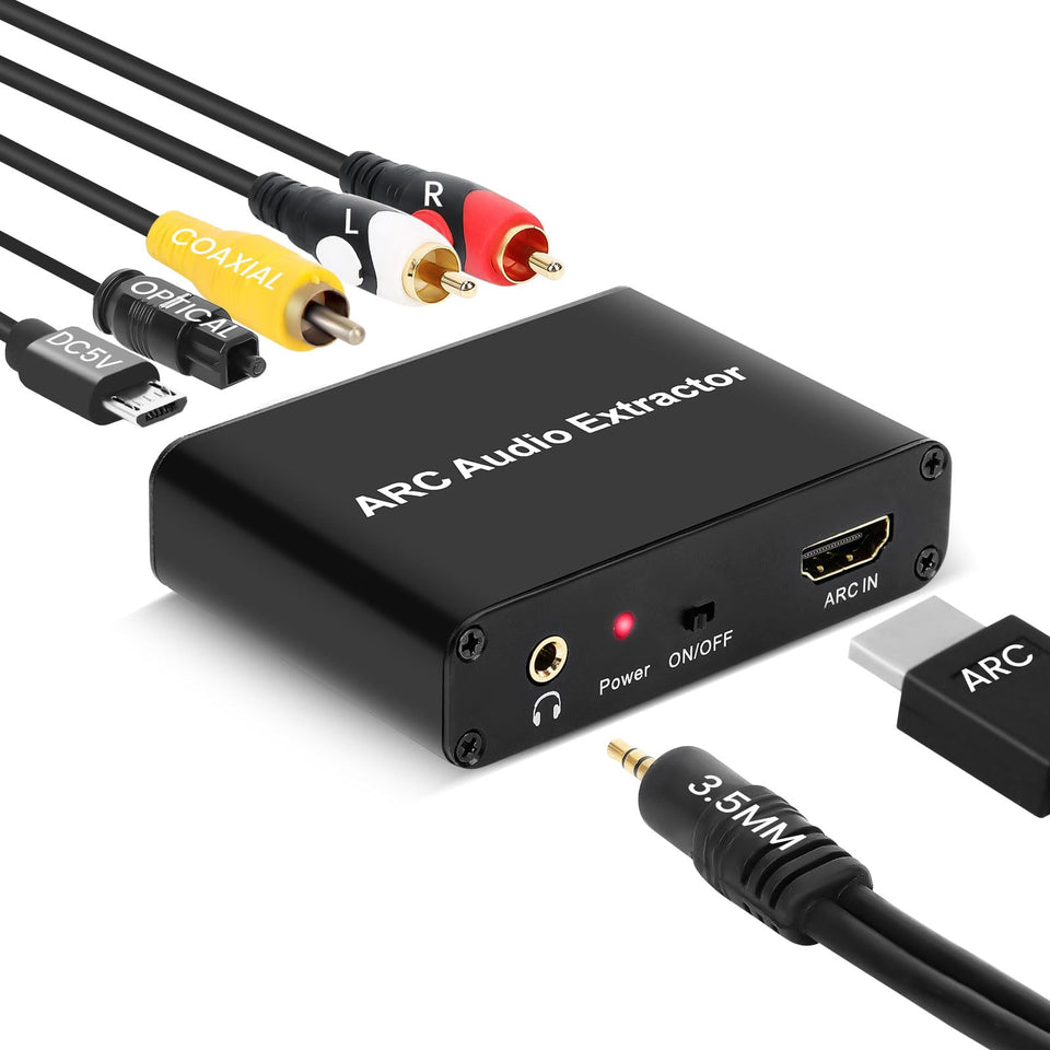 Aodafy HDMI ARC audio extractor front view shows clear ports for easy TV setup.