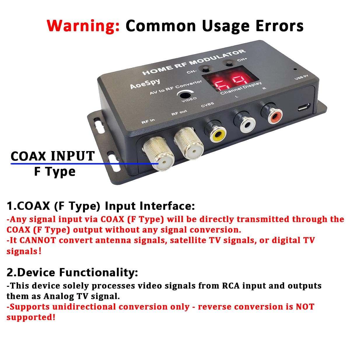 aoespy back panel RCA and coax ports for versatile connections