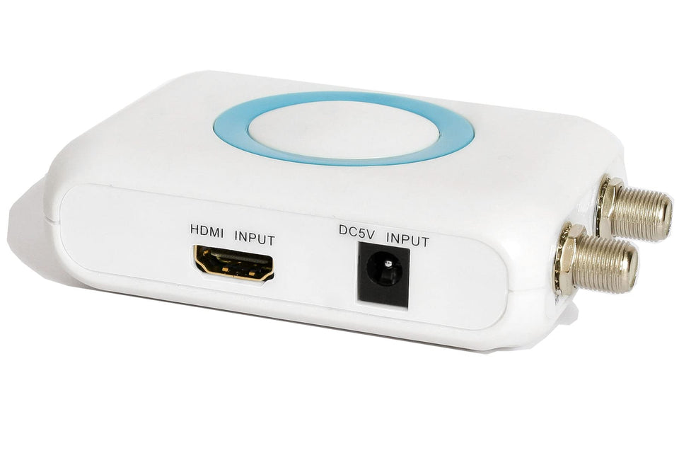 AoeSpy HDMI to coaxial modulator front view demonstrates a compact, plug-and-play design.