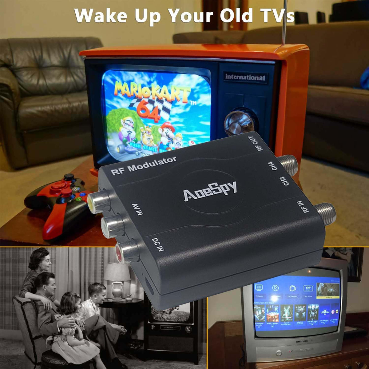 AoeSpy NTSC modulator display shows standard television compatibility.