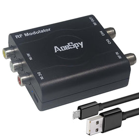 AoeSpy RCA modulator front view for quick, clutter-free AV setup.