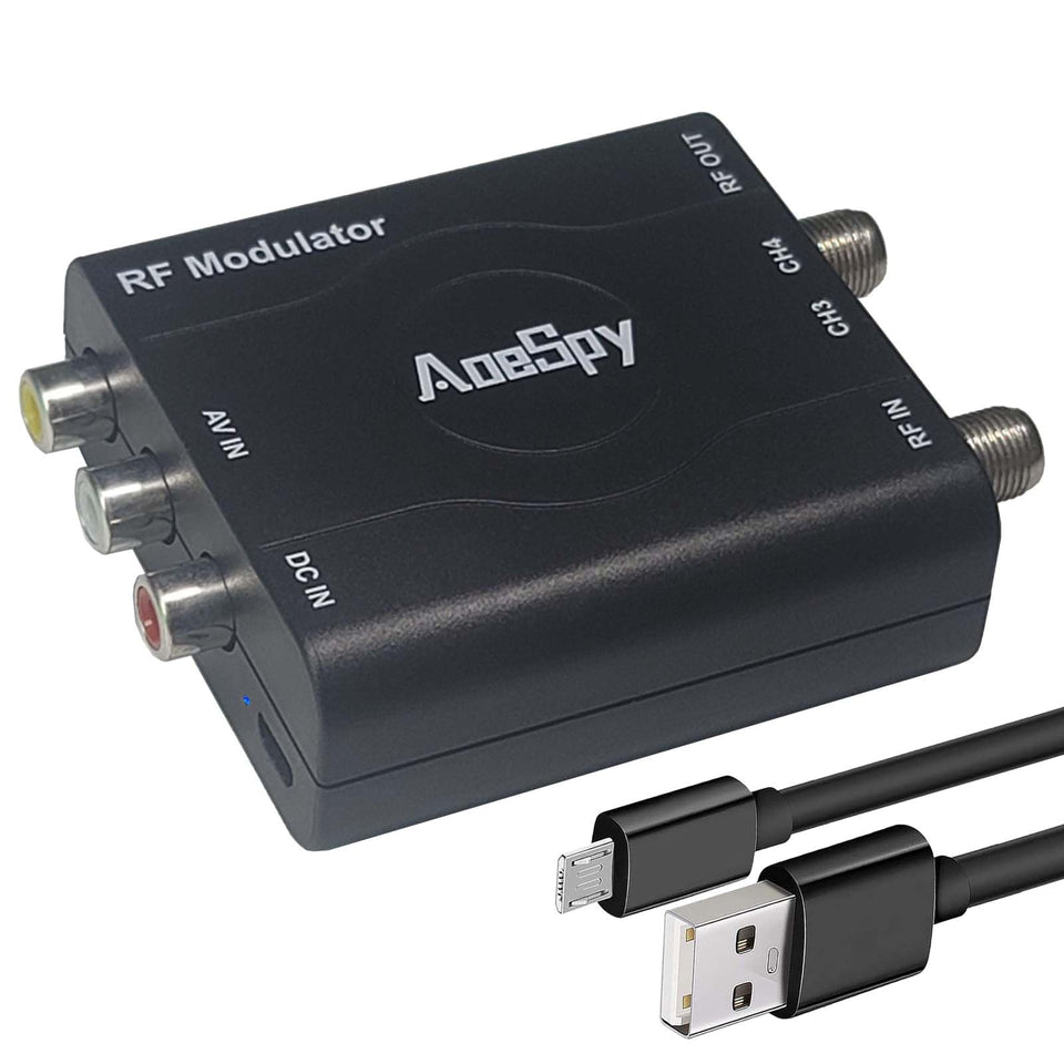 AoeSpy RCA modulator front view for quick, clutter-free AV setup.