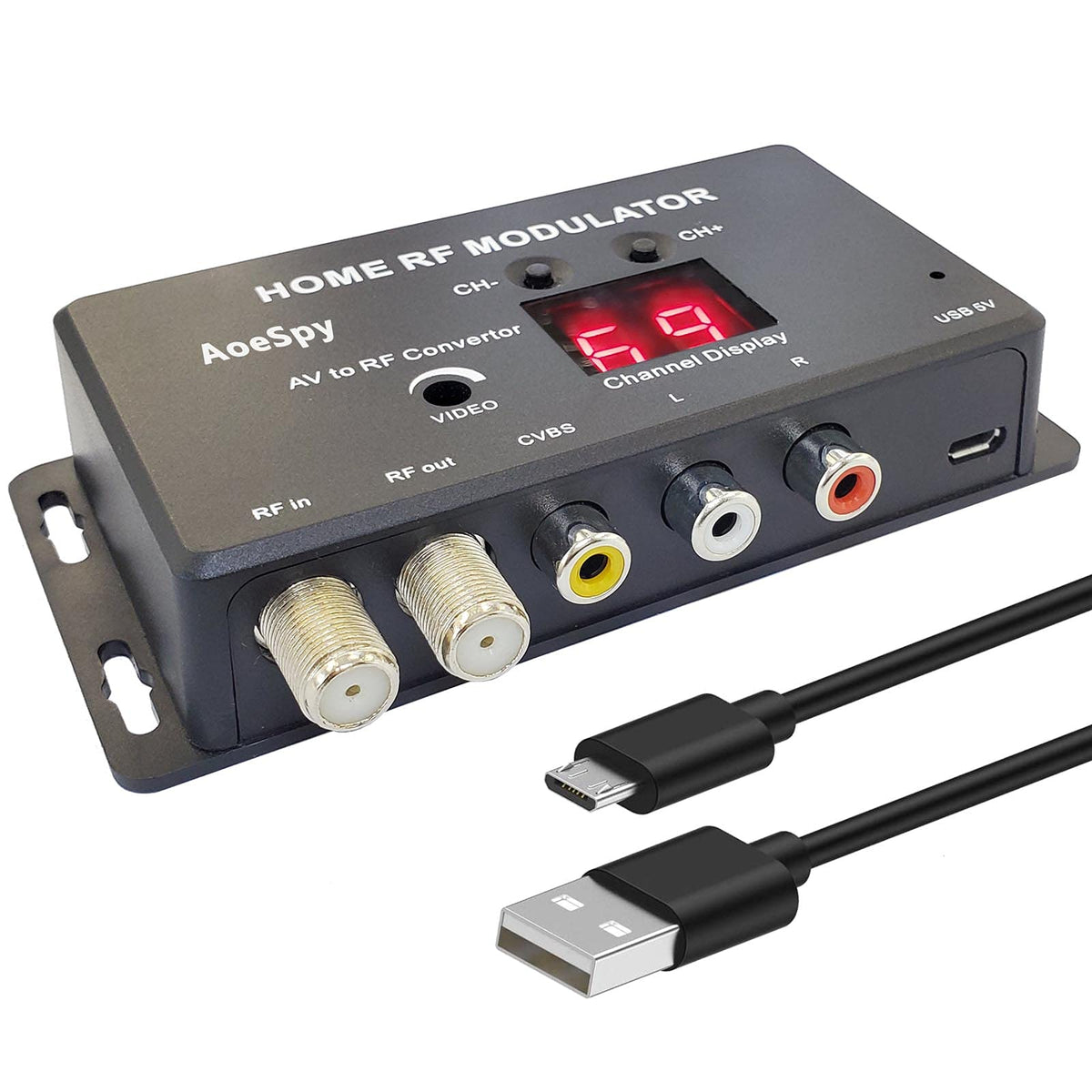 aoespy RF Modulator front view for easy setup with older TVs
