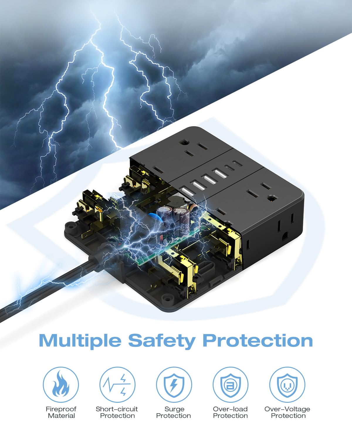 AOFO flat plug close-up with 45-degree angle to save adjacent outlet space