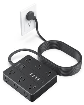 AOFO front view of power strip showing outlets and USB ports for organized charging
