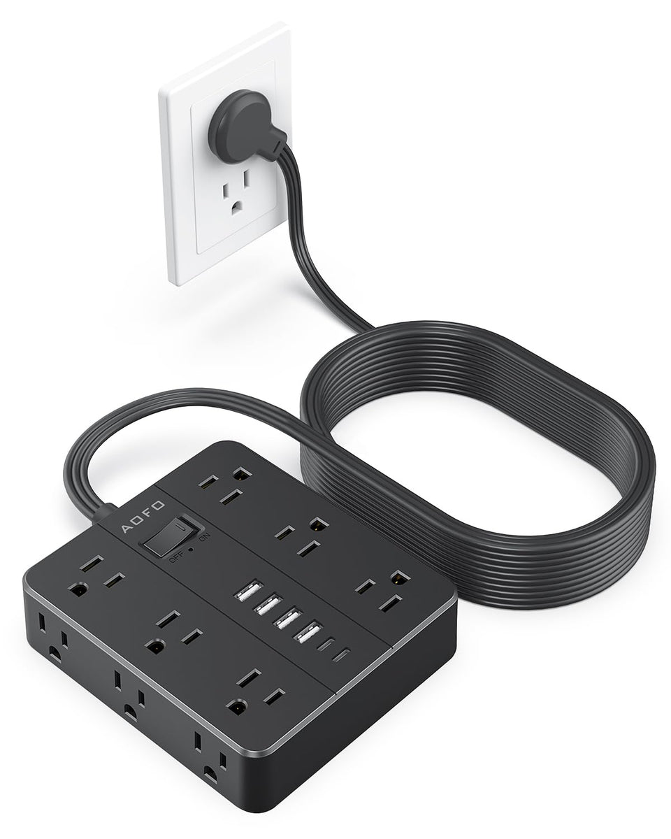 AOFO front view of power strip showing outlets and USB ports for organized charging