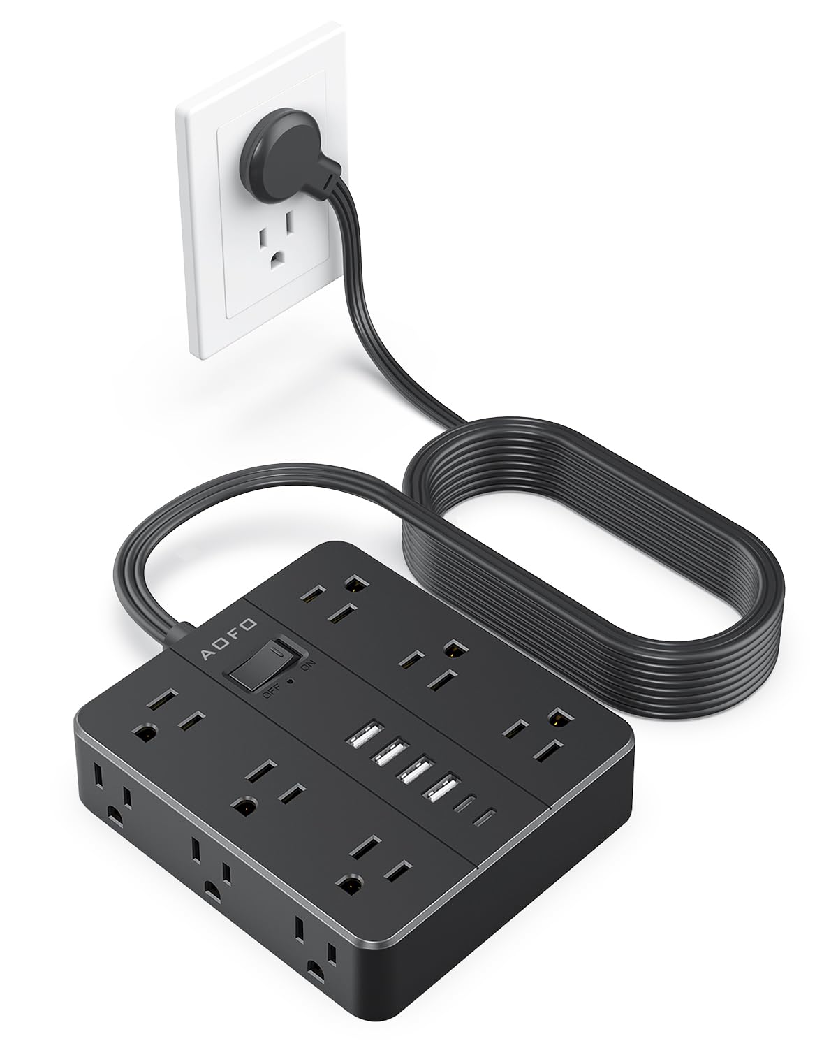 AOFO front view of power strip showing 12 AC outlets and 6 USB ports, neat organization