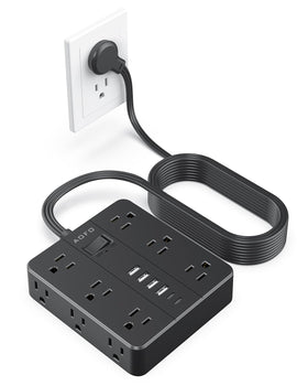 AOFO front view of power strip showing 12 AC outlets and 6 USB ports, neat organization