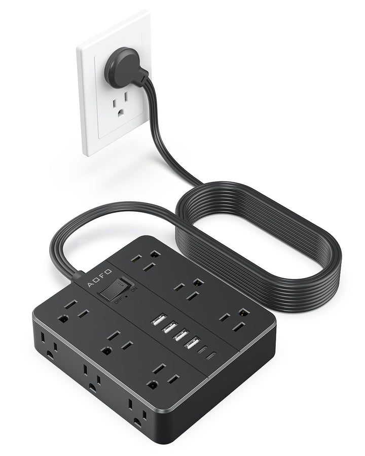 AOFO front view of power strip showing 12 AC outlets and 6 USB ports, neat organization