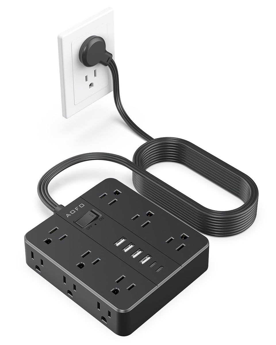 AOFO front view of power strip showing 12 AC outlets and 6 USB ports, neat organization