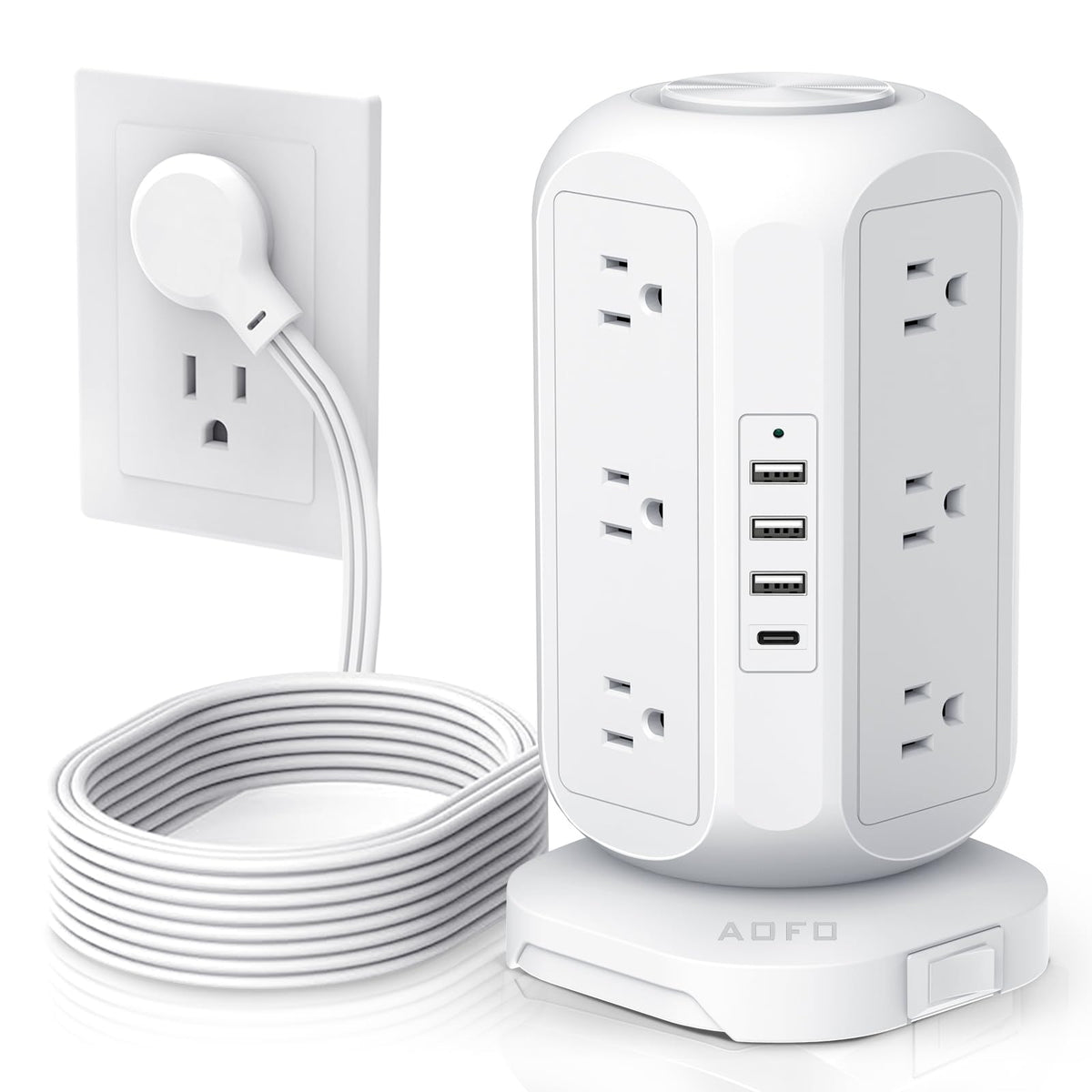 AOFO tower front view showing 12 outlets and 4 USB ports for organized charging