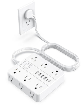 AOFO 10ft flat-plug surge protector with multiple outlets for clutter-free charging.