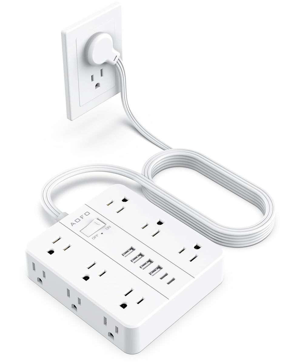 AOFO 10ft flat-plug surge protector with multiple outlets for clutter-free charging.