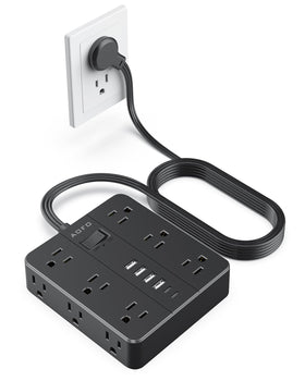 AOFO 10ft surge protector front view showing 12 outlets and 6 USB ports for organized charging
