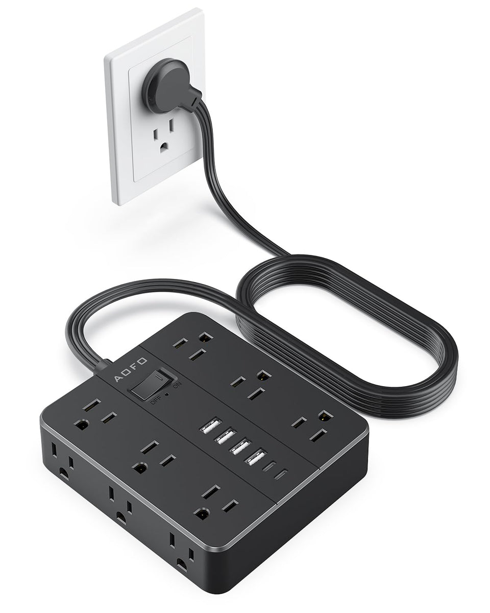 AOFO 10ft surge protector front view showing 12 outlets and 6 USB ports for organized charging