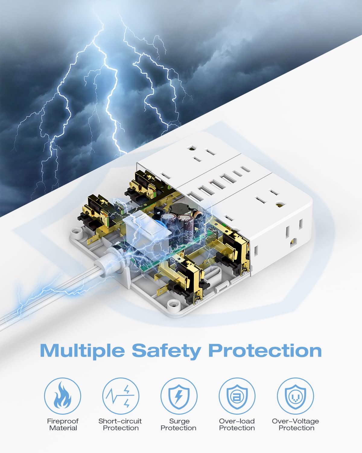 AOFO power strip with 12 outlets and USB ports keeps devices organized and powering.
