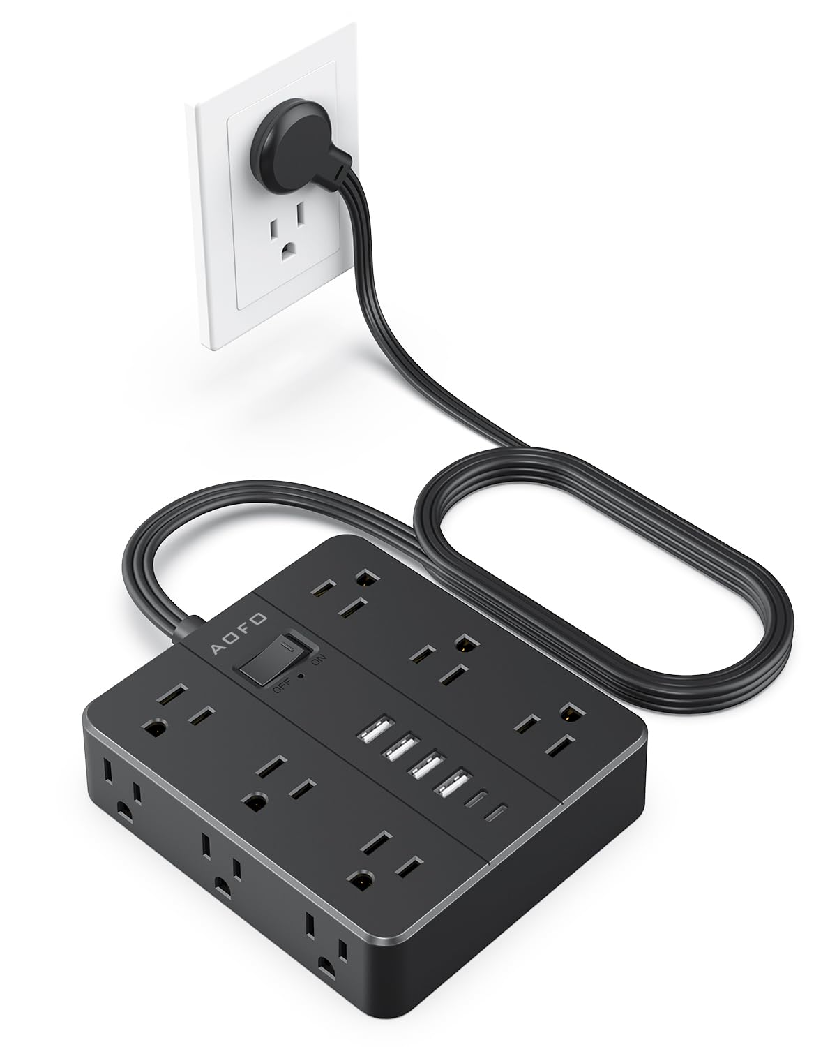 AOFO 18-in-1 flat plug power strip with 12 outlets and 6 USB ports for organized charging at home.