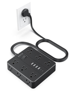 AOFO 18-in-1 flat plug power strip with 12 outlets and 6 USB ports for organized charging at home.