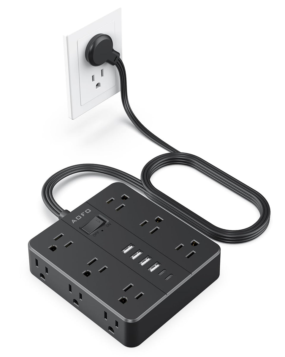 AOFO 18-in-1 flat plug power strip with 12 outlets and 6 USB ports for organized charging at home.