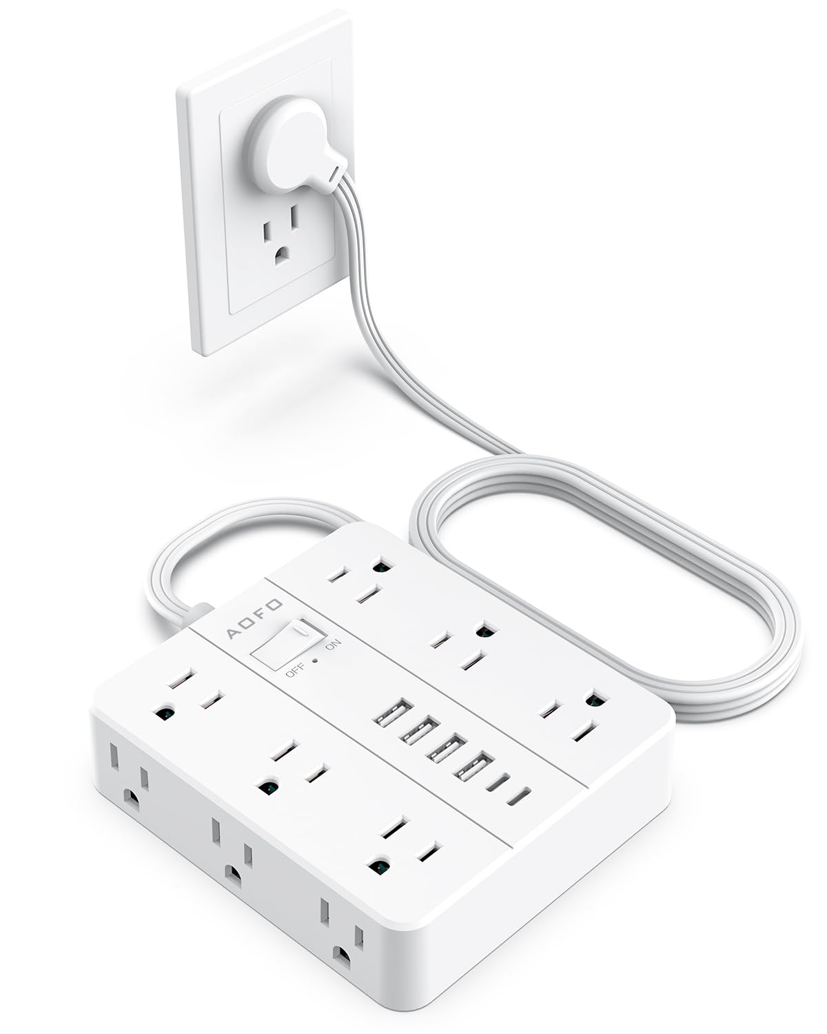 AOFO 18-in-1 power strip full view showing 12 outlets and 6 ports for organized charging