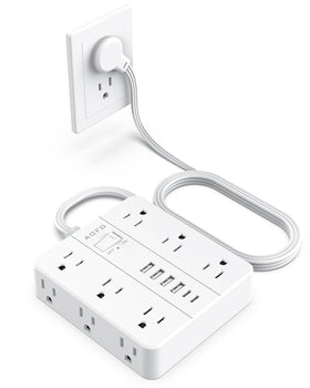 AOFO 18-in-1 power strip full view showing 12 outlets and 6 ports for organized charging